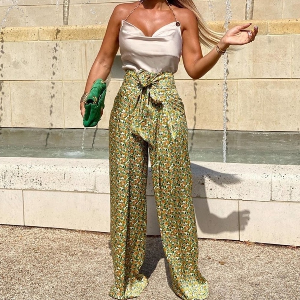 ZARA green floral silky wide leg pants NWT